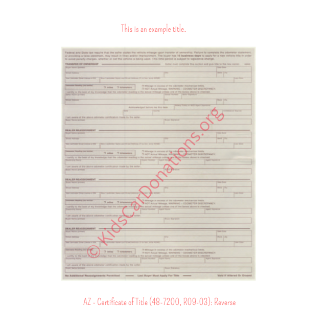 Arizona Certificate of Title (48-7200, R09-03) Reverse | Kids Car Donations